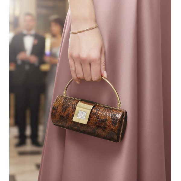 Evening Bag - Snake Skin Embossed Clutch w/Crystal Stones Accent Metal Flap Closure - Brown - BG-HPR377BR